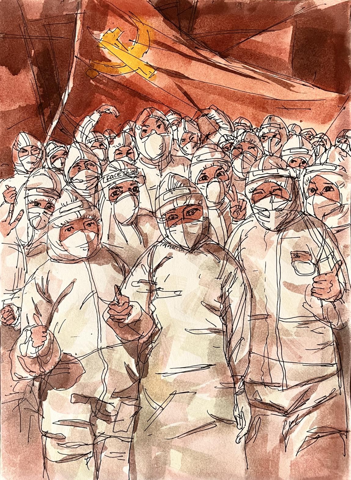 4.冯大康,《众志成城,抗疫必胜》,钢笔淡彩,21×29.5CM,2022年。